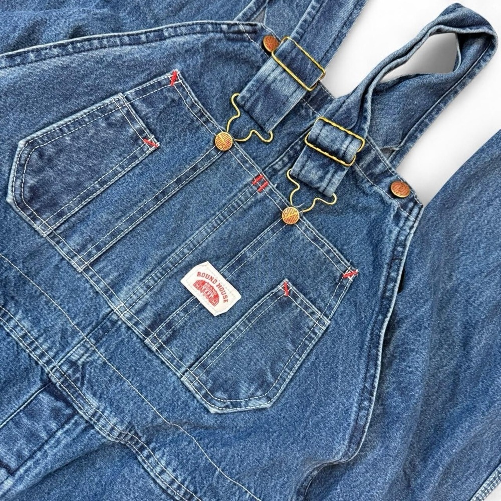 Vintage Round House Denim Overalls USA Cotton Bib Carpenter Workwear Size 38x34